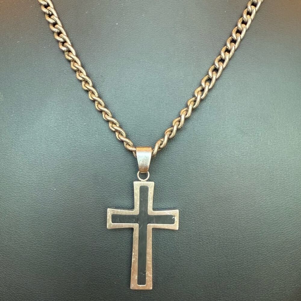 Vintage Silver Tone Black Accent Cross Pendant Necklace - Unisex